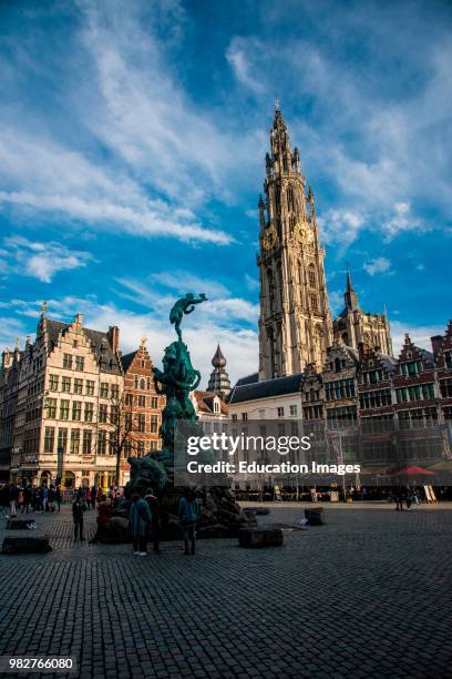 Onze-Lieve-Vroukathedral spire seen from the Grote Markt, Antwerp, Belgium.