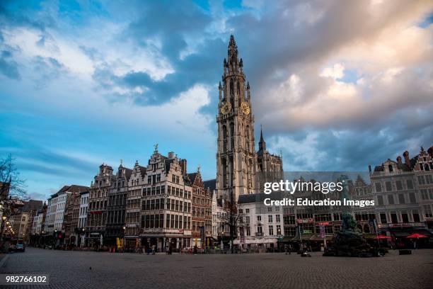 Onze-Lieve-Vroukathedral spire seen from the Grote Markt, Antwerp, Belgium.