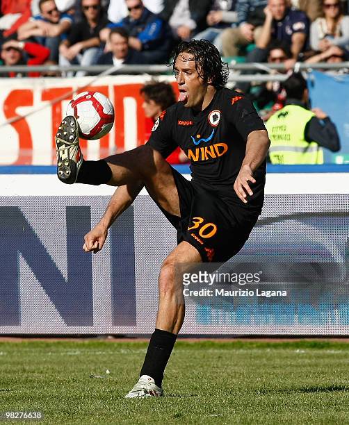 Luca Toni of AS Roma is shown in action during the Serie A match between AS Bari and AS Roma at Stadio San Nicola on April 3, 2010 in Bari, Italy.