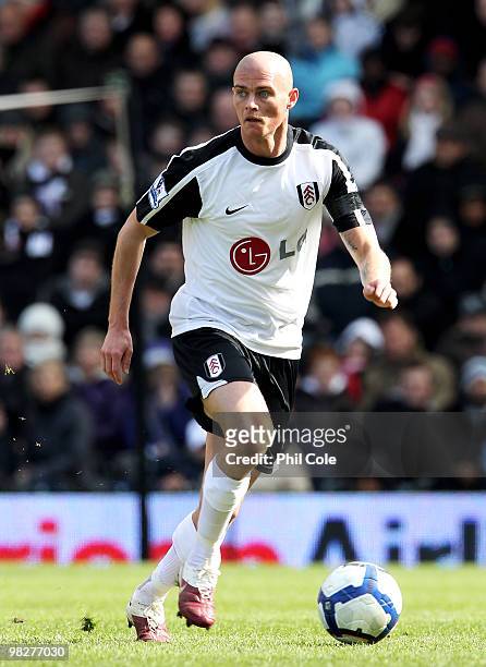 Paul Konchesky of Fulham in action during the Barclays Premier League match between Fulham and Wigan Athletic at Craven Cottage on April 4, 2010 in...