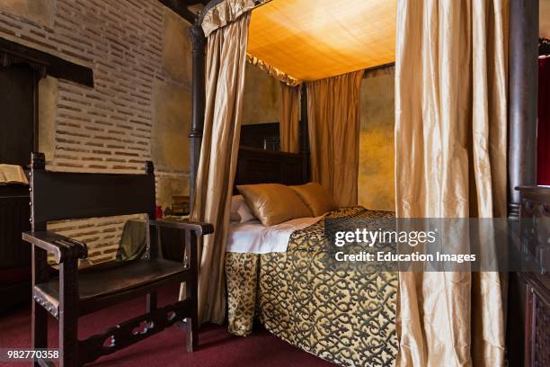 Palacio Real Testamentario in Medina del Campo, Valladolid Province, Castile and Leon, Spain. Recreation of a 15th century bedroom such as Queen...