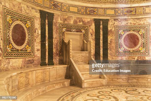 Ravenna, Ravenna Province, Italy. Marble seat in apse of San Vitale basilica. San Vitale is a UNESCO World Heritage Site.