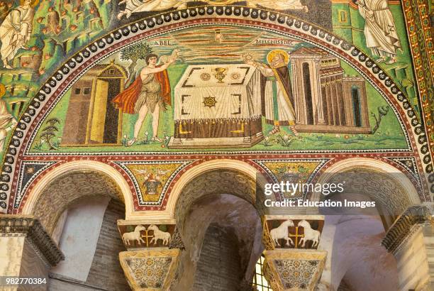 Ravenna, Ravenna Province, Italy. Mosaic in San Vitale basilica. Abel and Melchizedek bringing their offerings to the sacrificial altar. San Vitale...