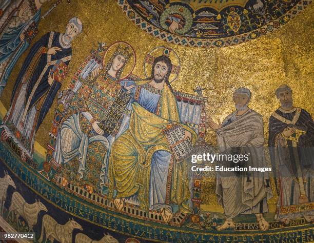 Rome, Italy. Basilica di Santa Maria in Trastevere. Mosaics in the apse. This, the main mosaic of Christ and Mary flanked by Saints, dates from the...