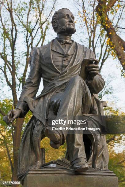 New York, Statue in Central Park of American poet Fitz-Greene Halleck, 1790-1867 by American sculptor James Wilson Alexander MacDonald, 1824-1908.