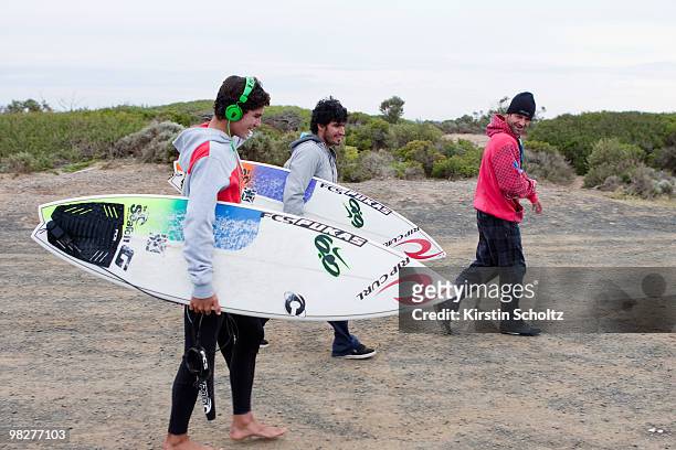 Gabriel Medina with his father and Neco Padaratz all of Brasil on April 6, 2010 in Bells Beach, Australia.