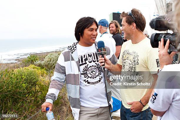 Kekoa Becalso of Hawaii is interviewed by Toby Martin of Australia on April 6, 2010 in Bells Beach, Australia.