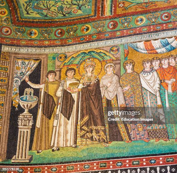 Ravenna, Ravenna Province, Italy. Mosaic in San Vitale Basilica showing Empress Theodora with her court. She is holding the communion cup. San Vitale...