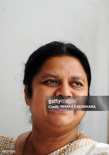 Anoma Fonseka, wife of former Sri Lankan army chief and detained presidential candidate Sarath Fonseka, speaks to reporters in Colombo on April 6,...