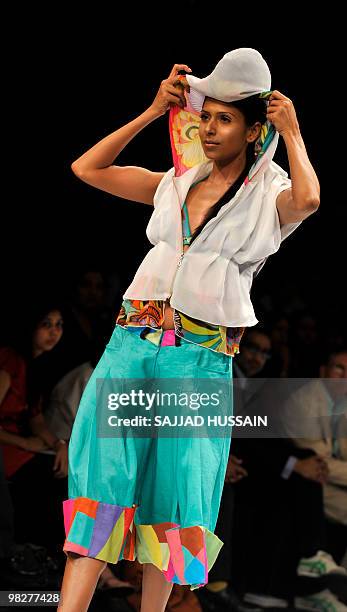 Model showcases a creation by Indian designer Sabah Khan on the second day of Lakme Fashion Week Summer/Resort 2010 in Mumbai on March 6, 2010. The...