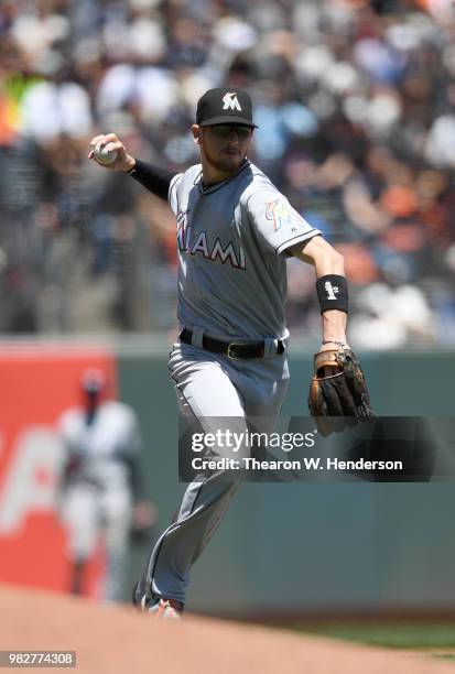 Riddle of the Miami Marlins throws off balance to first base throwing out Mac Williamson of the San Francisco Giants in the bottom of the fourth...