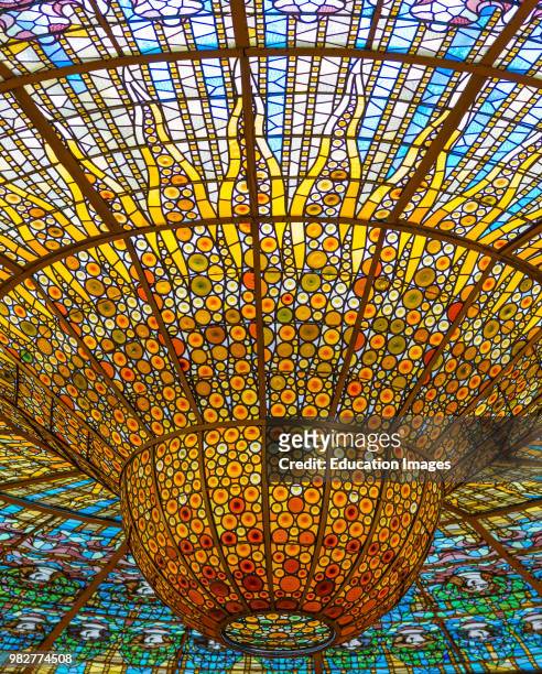 Barcelona in Catalonia, Spain. Stained glass skylight in Palace of Catalan Music .
