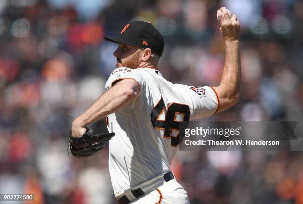 Sam Dyson of the San Francisco Giants pitches against the Miami Marlins in the top of the ninth inning at AT&T Park on June 20, 2018 in San...