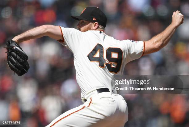 Sam Dyson of the San Francisco Giants pitches against the Miami Marlins in the top of the ninth inning at AT&T Park on June 20, 2018 in San...