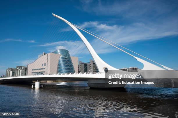 Samuel Beckett Bridge with Irish Financial Services Centre, Dublin, Republic of Ireland.