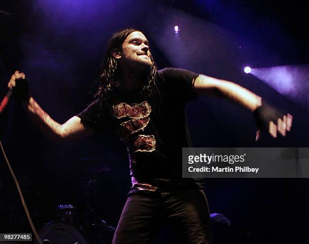 Bert McCracken of The Used performs on stage on the A Taste Of Chaos tour at Adelaide Entertainment Centre on 23rd October 2005 in Adelaide,...