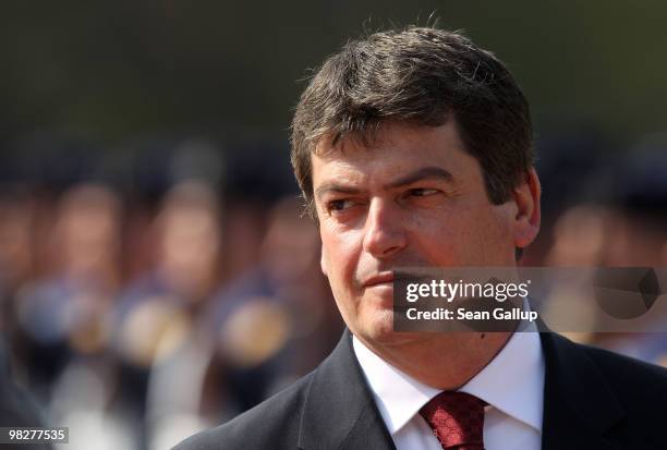 Albanian President Bamir Topi reviews a guard of honour upon his arrival at Bellevue Palace to meet with German President Horst Koehler on April 6,...