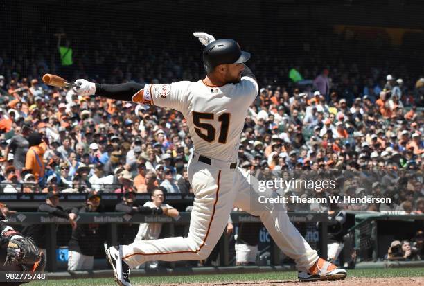 Mac Williamson of the San Francisco Giants bats against the Miami Marlins in the bottom of the six inning at AT&T Park on June 20, 2018 in San...