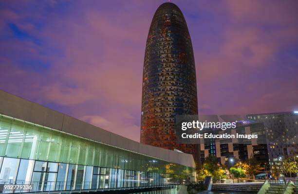 Night view of Torre Agbar skyscraper designed by French architect Jean Nouvel, Barcelona, Catalonia, Spain.