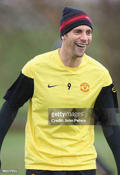 Rio Ferdinand of Manchester United in action during a First Team Training Session at Carrington Training Ground on April 6 2010 in Manchester,...
