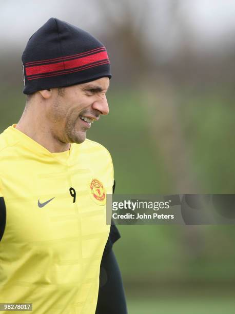 Rio Ferdinand of Manchester United in action during a First Team Training Session at Carrington Training Ground on April 6 2010 in Manchester,...
