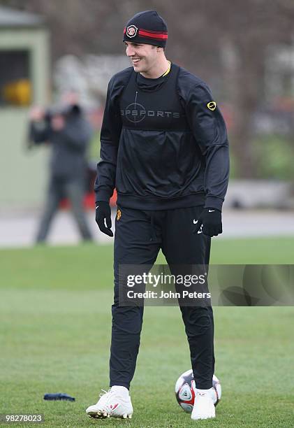 John O'Shea of Manchester United in action during a First Team Training Session at Carrington Training Ground on April 6 2010 in Manchester, England.