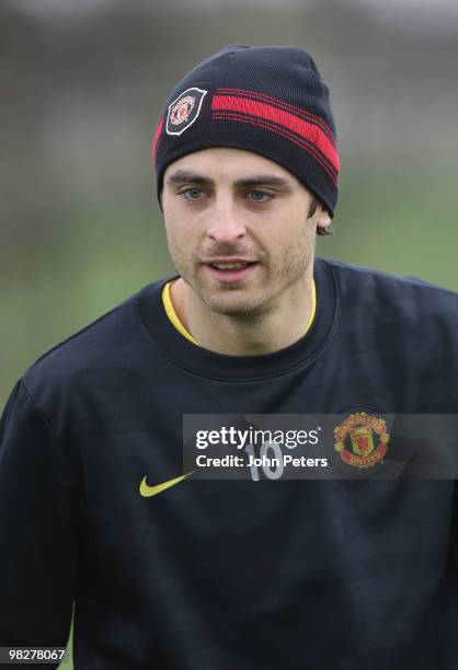 Dimitar Berbatov of Manchester United in action during a First Team Training Session at Carrington Training Ground on April 6 2010 in Manchester,...