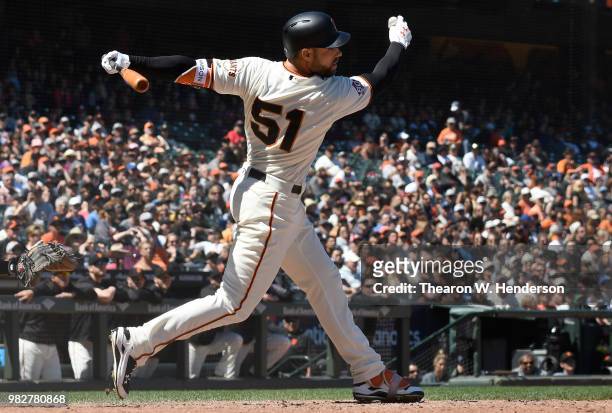 Mac Williamson of the San Francisco Giants bats against the Miami Marlins in the bottom of the eighth inning at AT&T Park on June 20, 2018 in San...