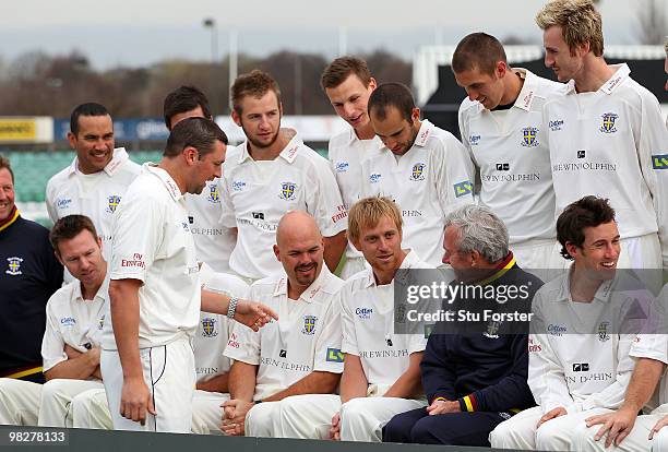 Durham bowler Stephen Harmison arrives late for the team picture during the Durham CCC photocall at the Riverside on April 6, 2010 in...