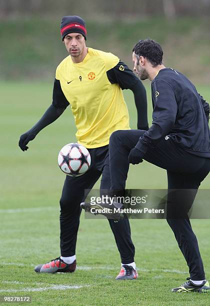 Rio Ferdinand and Ryan Giggs of Manchester United in action during a First Team Training Session at Carrington Training Ground on April 6 2010, in...