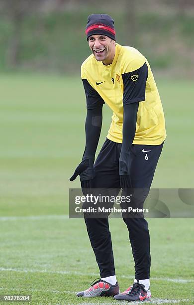 Rio Ferdinand of Manchester United in action during a First Team Training Session at Carrington Training Ground on April 6 2010, in Manchester,...