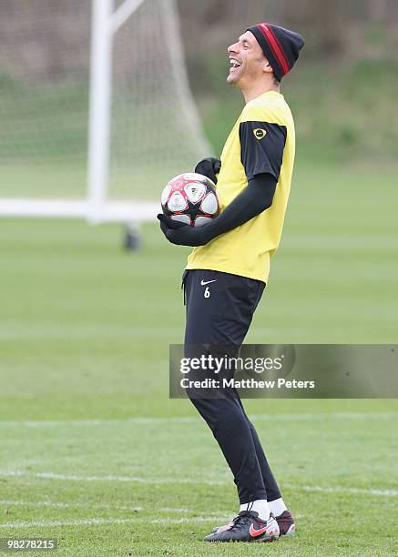 Rio Ferdinand of Manchester United in action during a First Team Training Session at Carrington Training Ground on April 6 2010, in Manchester,...