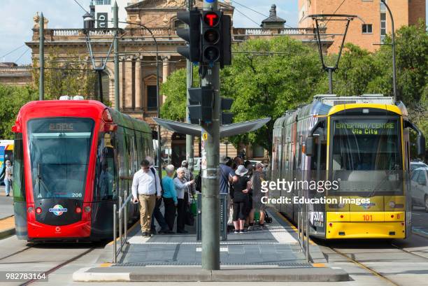 Trams at Victoria Square, Adelaide, South Australia.