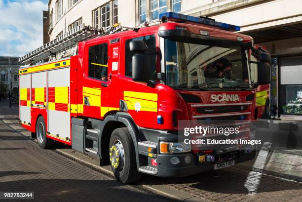 Fire engine from Cambridgeshire Fire and Rescue Service in the center of Cambridge city. England, UK.