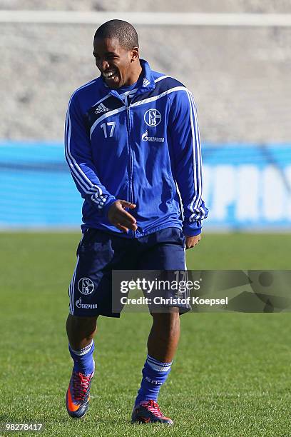 Jefferson Farfan of Schalke laughs during the training session of FC Schalke at the Park stadium on April 6, 2010 in Gelsenkirchen, Germany.