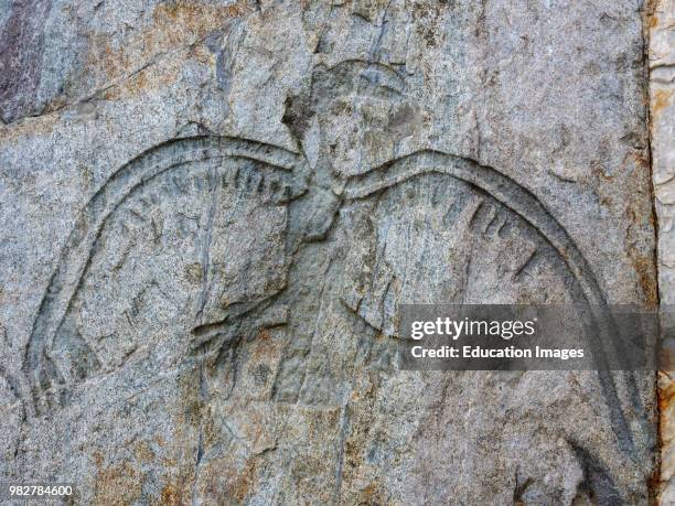 Replica of petroglyphs of Coyote Rock near Kamloops. Mount Revelstoke. British Columbia. Canada.