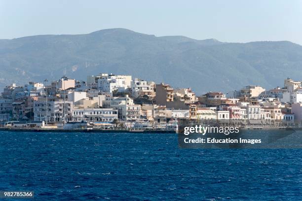 Agios Nikolaos harbor viewed from the Gulf of Mirabello, Crete, Greece.