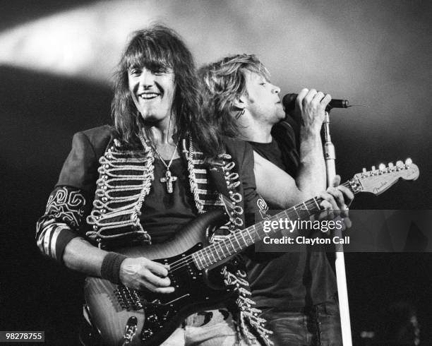 Richie Sambora with fender stratocaster and Jon Bon Jovi from Bon Jovi performing live at the Oakland Coliseum on March 14 1993