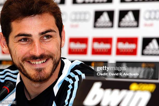 Real Madrid goalkeeper Iker Casillas gives a press conference after a training session at Valdebebason April 6, 2010 in Madrid, Spain.