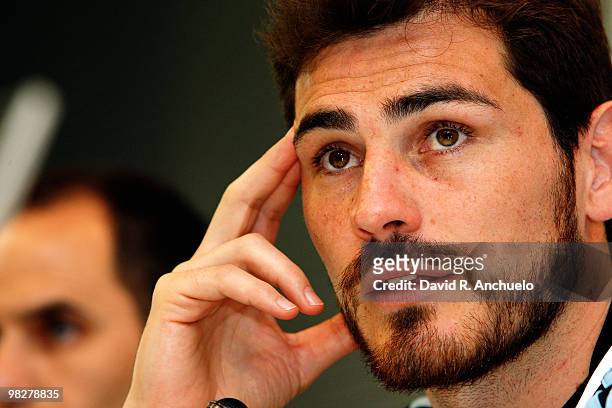 Real Madrid goalkeeper Iker Casillas gives a press conference after a training session at Valdebebason April 6, 2010 in Madrid, Spain.