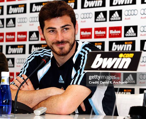 Real Madrid goalkeeper Iker Casillas gives a press conference after a training session at Valdebebason April 6, 2010 in Madrid, Spain.