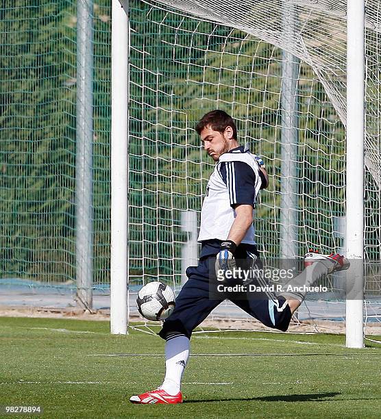 Iker Casillas of Real Madrid in action during a training session at Valdebebason April 6, 2010 in Madrid, Spain.