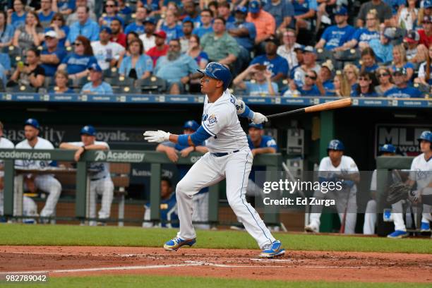 Ryan Goins of the Kansas City Royals hits against the Texas Rangers at Kauffman Stadium on June 20, 2018 in Kansas City, Missouri.