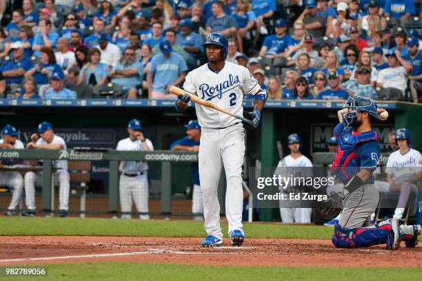 Alcides Escobar of the Kansas City Royals bats against the Texas Rangers at Kauffman Stadium on June 20, 2018 in Kansas City, Missouri.