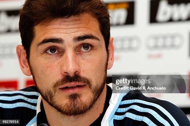 Real Madrid goalkeeper Iker Casillas gives a press conference after a training session at Valdebebason April 6, 2010 in Madrid, Spain.