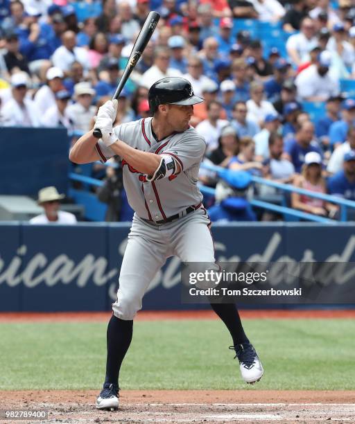 Peter Bourjos of the Atlanta Braves bats in the fifth inning during MLB game action against the Toronto Blue Jays at Rogers Centre on June 20, 2018...