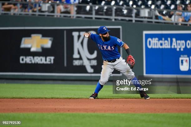 Rougned Odor of the Texas Rangers throws to first for the out against the Kansas City Royals at Kauffman Stadium on June 20, 2018 in Kansas City,...