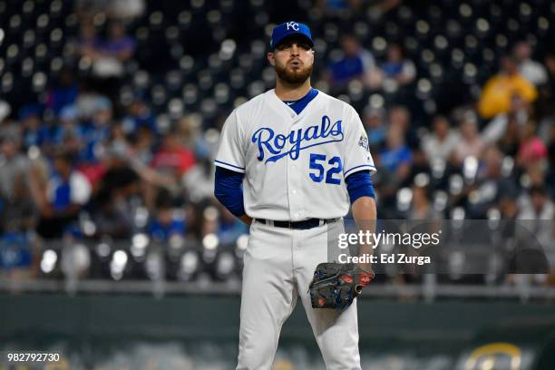 Justin Grimm of the Kansas City Royals throws against the Texas Rangers at Kauffman Stadium on June 20, 2018 in Kansas City, Missouri.