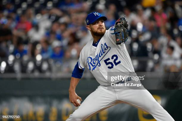 Justin Grimm of the Kansas City Royals throws against the Texas Rangers at Kauffman Stadium on June 20, 2018 in Kansas City, Missouri.