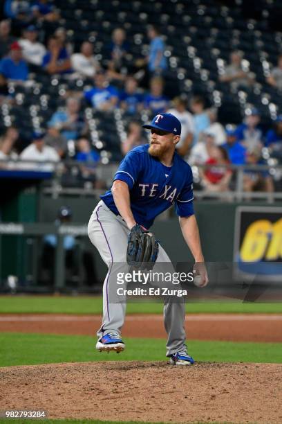 Jake Diekman of the Texas Rangers throws against the Kansas City Royals at Kauffman Stadium on June 20, 2018 in Kansas City, Missouri.